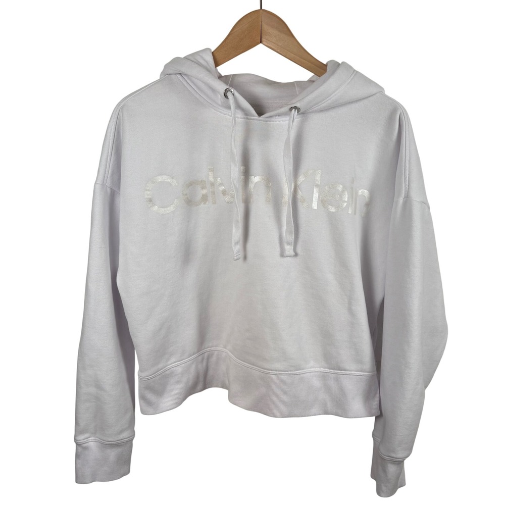 Calvin Klein Jeans‎ White Cropped Hoodie Sweatshirt Big Logo Boxy Y2K Women's M